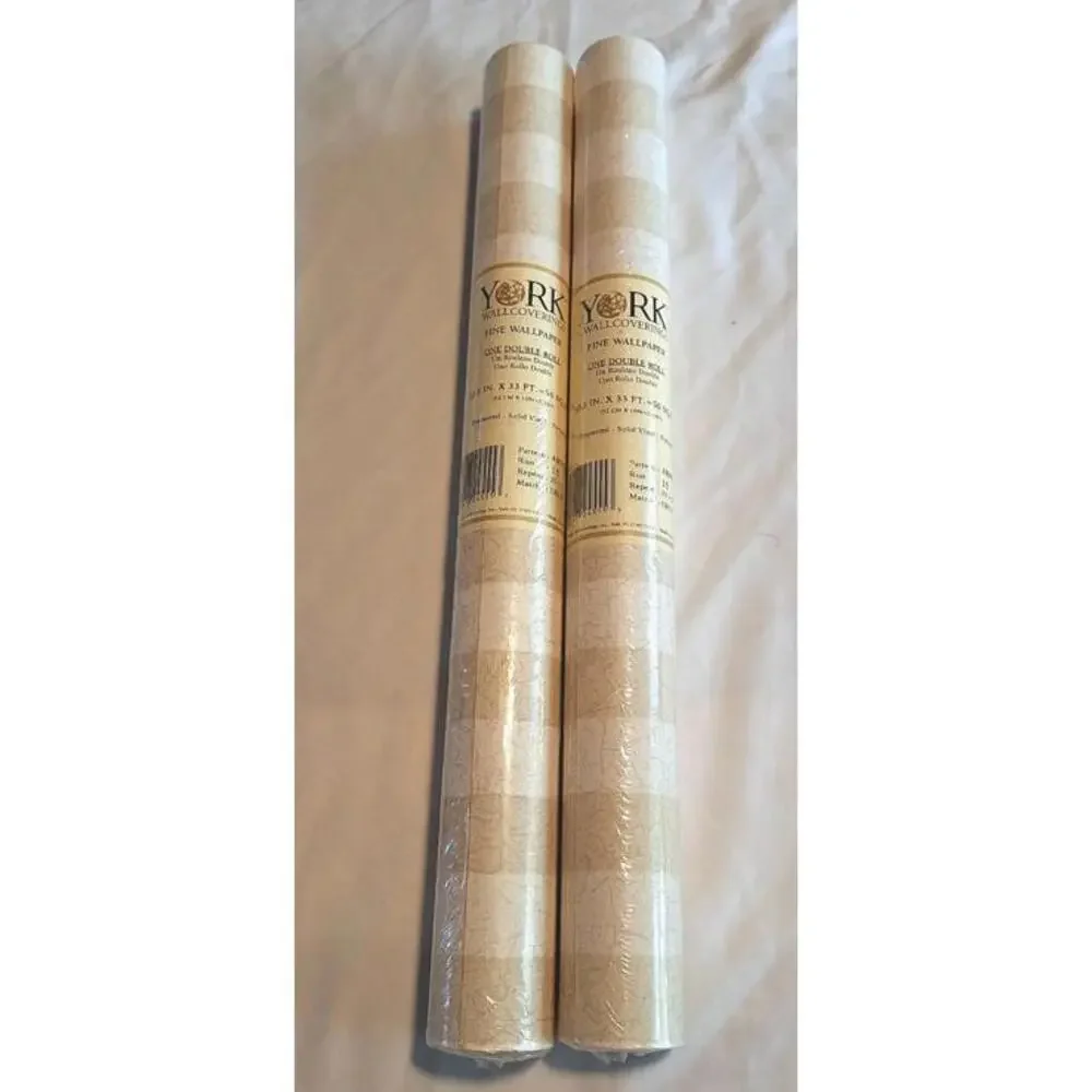 2 Double Rolls York Prepasted Wallpaper Tan/Beige Stripes w/Crackling  56ft Per